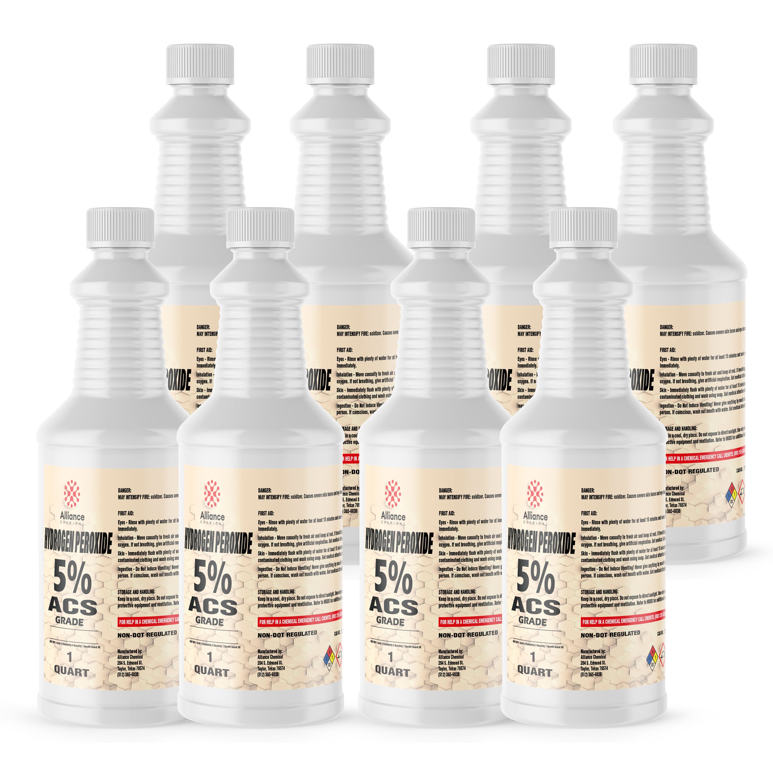 1-quart bottles of 5% ACS-grade hydrogen peroxide in white HDPE containers with safety labels, non-DOT regulated, Alliance Chemical brand.